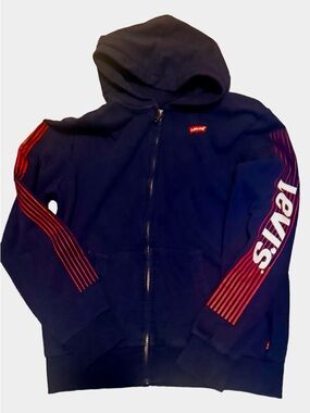 Levi's Navy Zip Hoodie with Red Sleeve Stripes